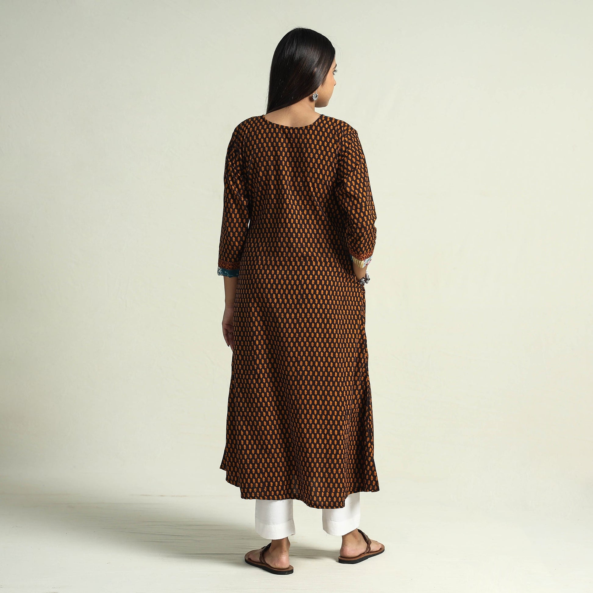 Brown - Block Print Cotton Patchwork A-Line Bagh Kurta