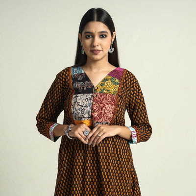 Brown - Block Print Cotton Patchwork A-Line Bagh Kurta