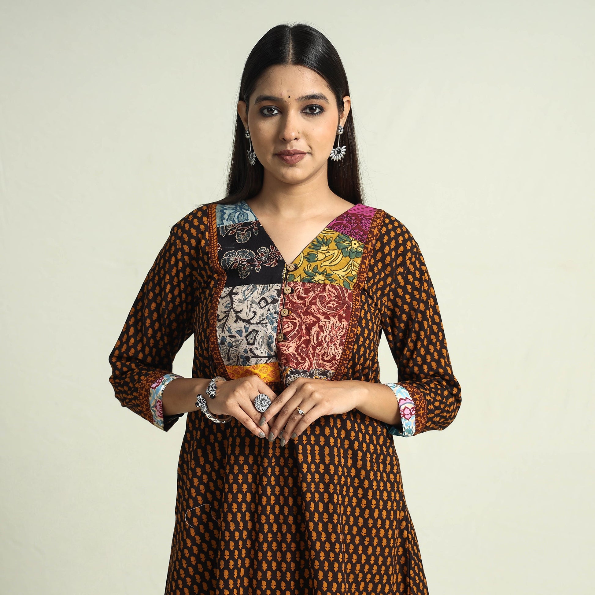 Brown - Block Print Cotton Patchwork A-Line Bagh Kurta