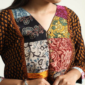 Brown - Block Print Cotton Patchwork A-Line Bagh Kurta