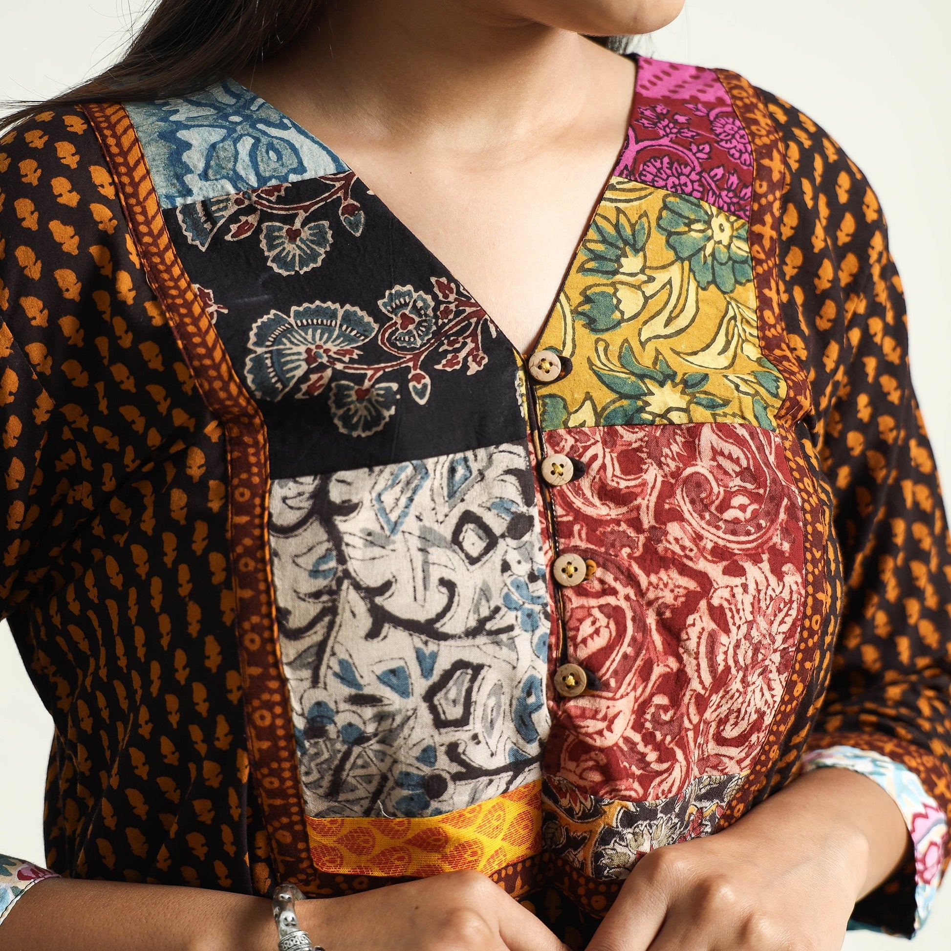 Brown - Block Print Cotton Patchwork A-Line Bagh Kurta