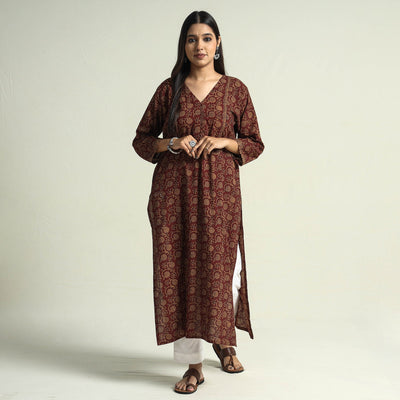Brown - Block Print Cotton Straight Bagh Kurta