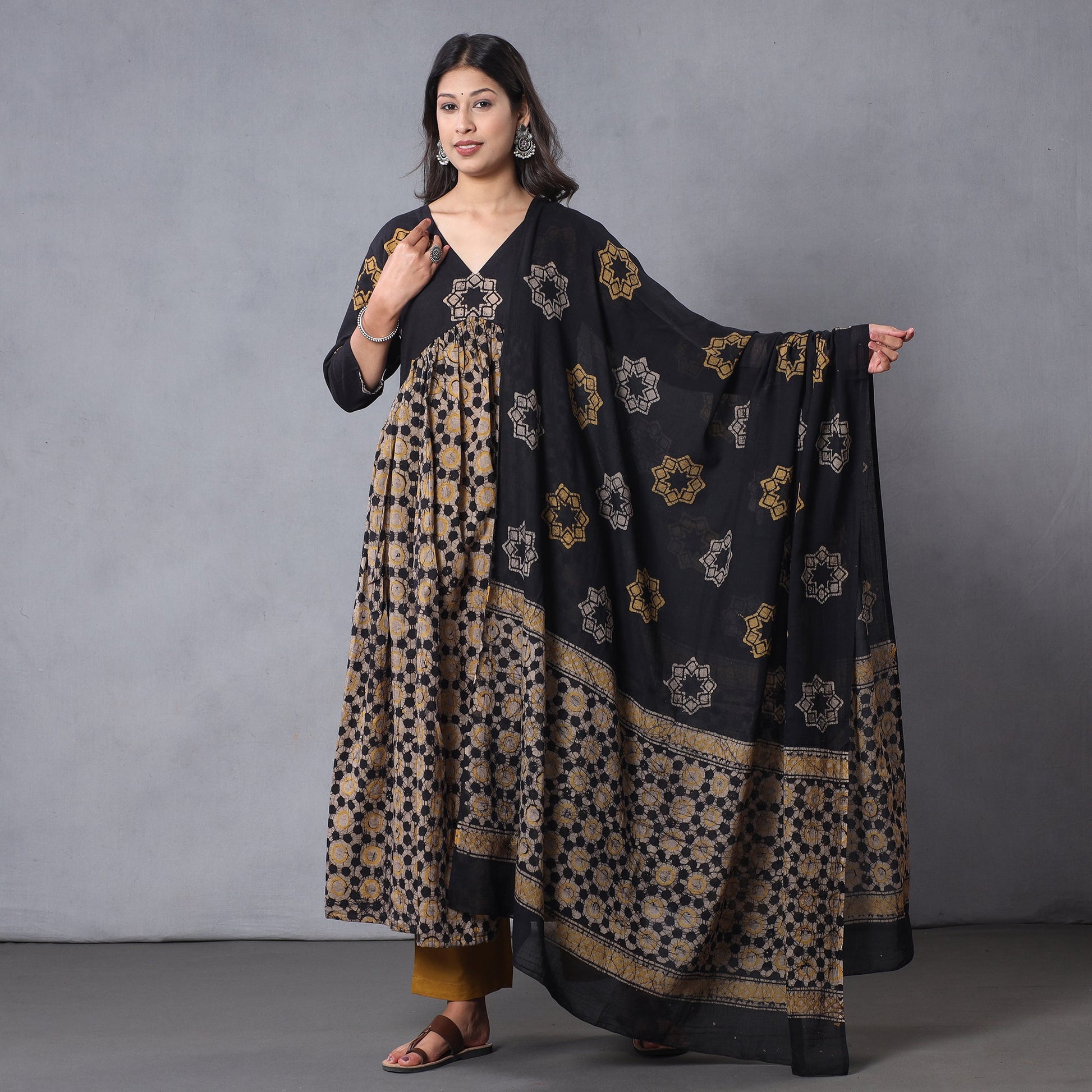 Black - Flared Cotton Hand Batik Print Kurta Set 02