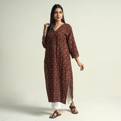 Brown - Block Print Cotton Straight Bagh Kurta