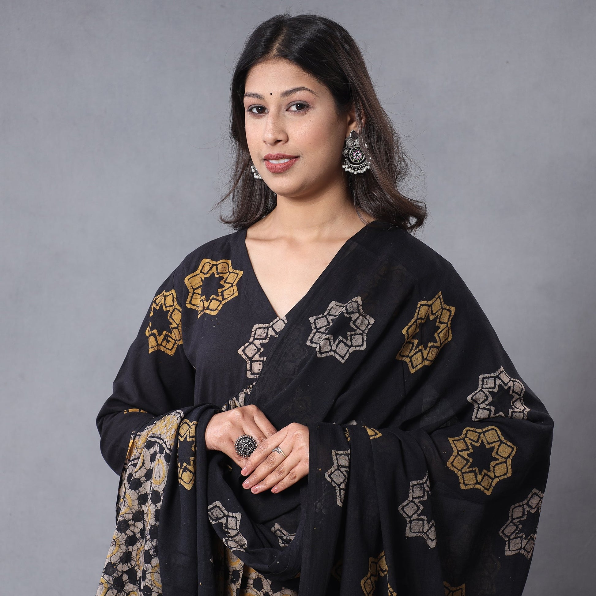 Black - Flared Cotton Hand Batik Print Kurta Set 02