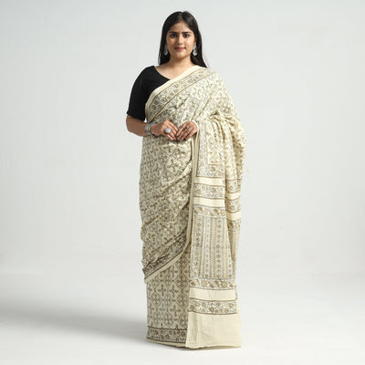 Beige - Akola Hand Block Printed Cotton Saree