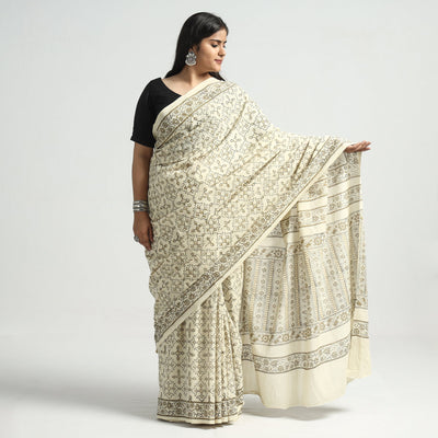 Beige - Akola Hand Block Printed Cotton Saree