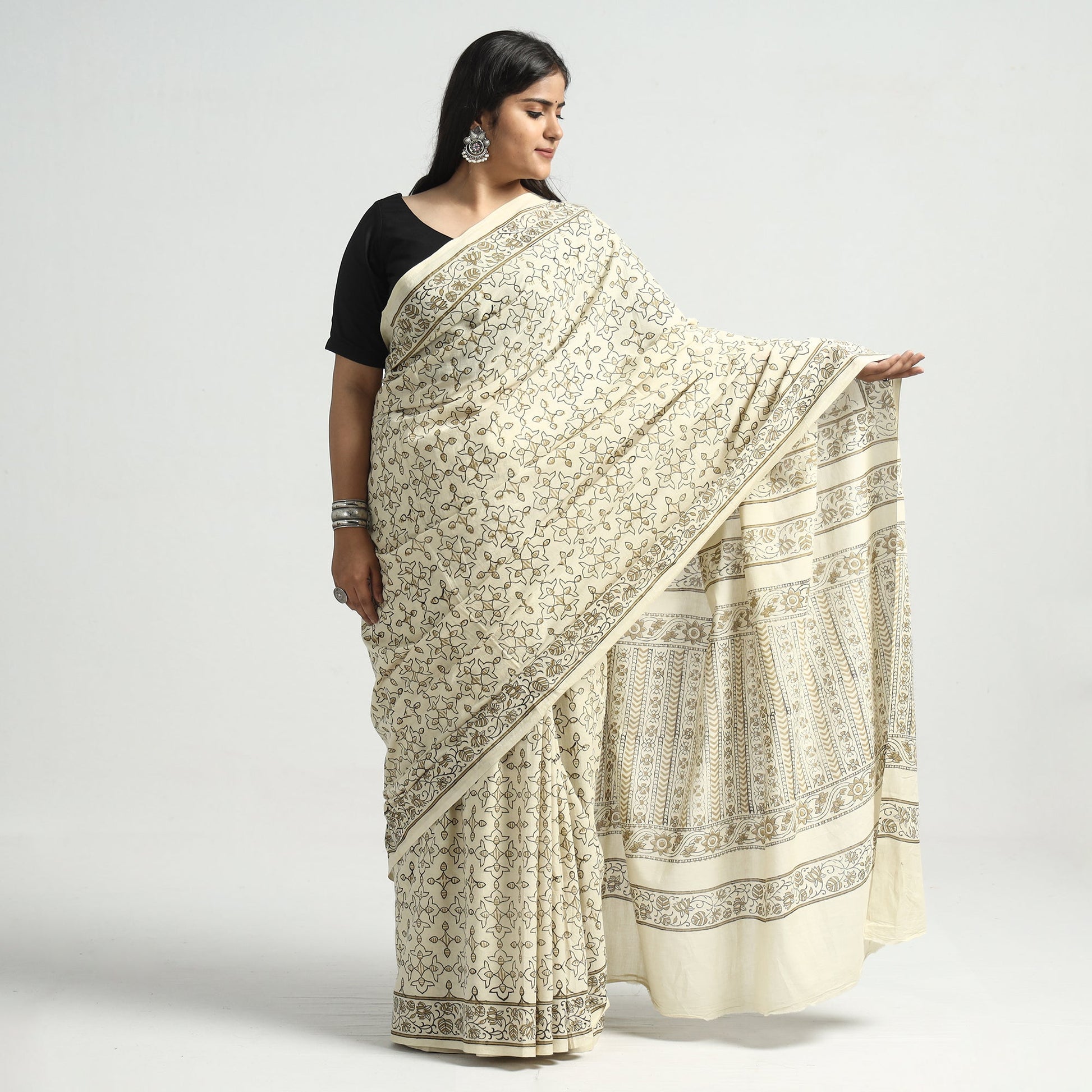 Beige - Akola Hand Block Printed Cotton Saree