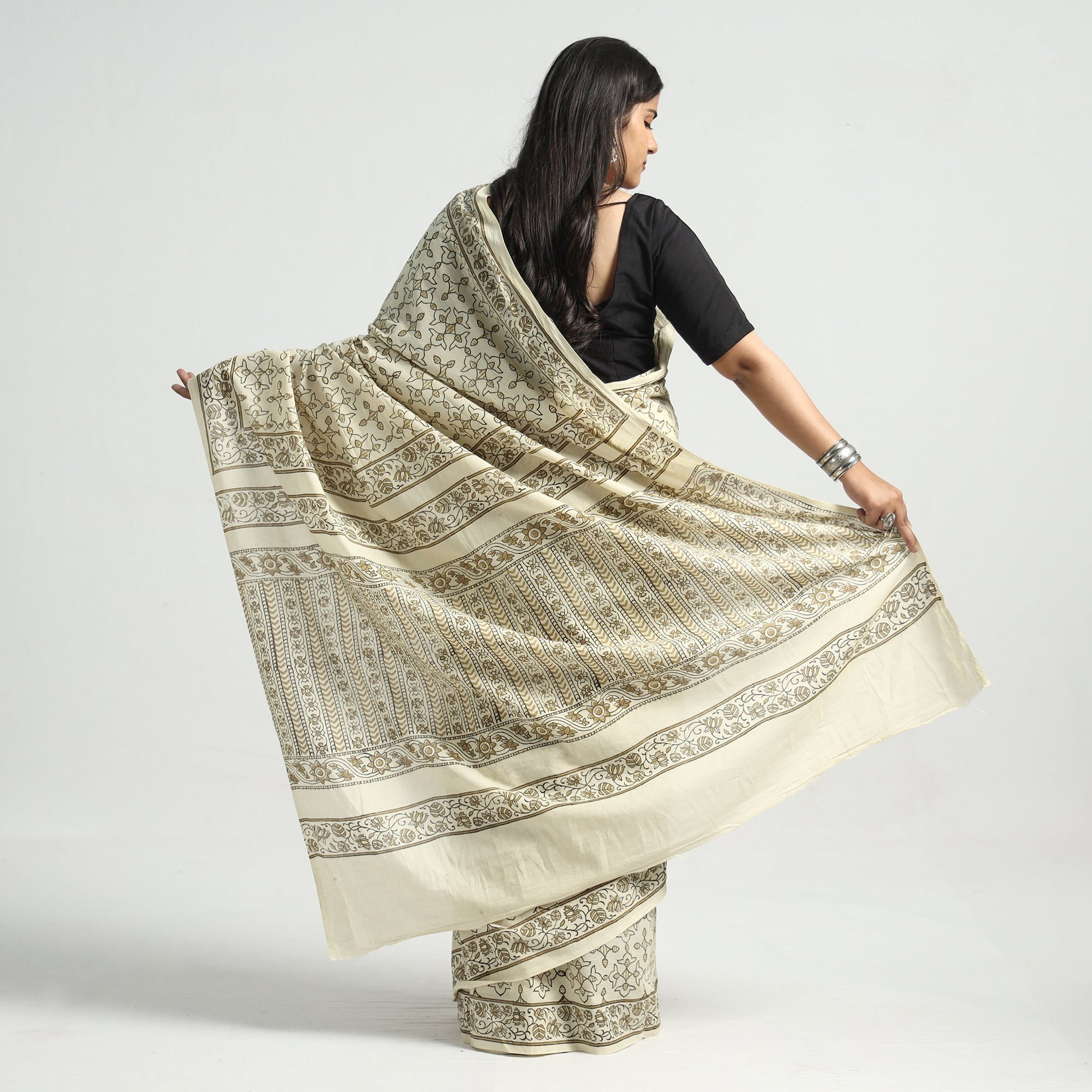 Beige - Akola Hand Block Printed Cotton Saree
