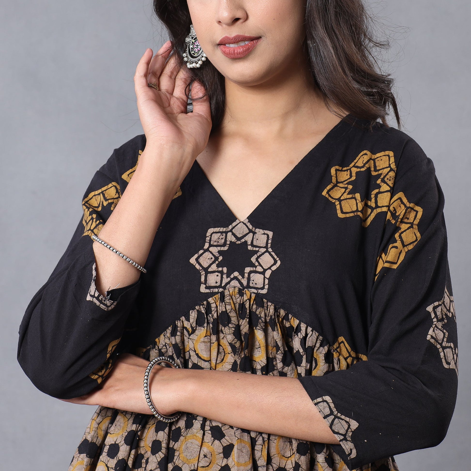 Black - Flared Cotton Hand Batik Print Kurta Set 02