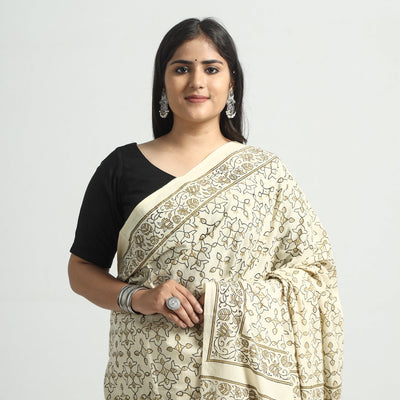 Beige - Akola Hand Block Printed Cotton Saree