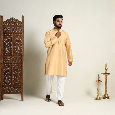Beige - Slub Silk Kurta for Men with Detailed Neckline Work 07