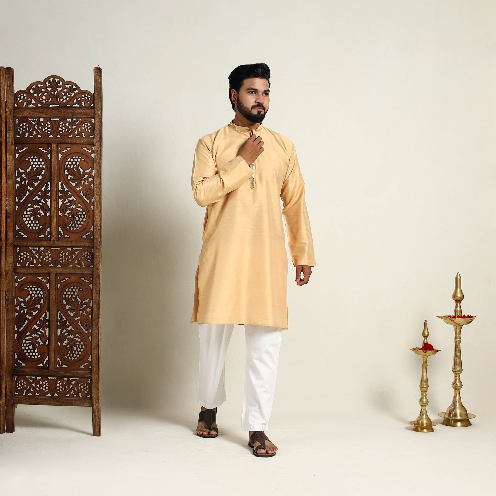 Beige - Slub Silk Kurta for Men with Detailed Neckline Work 07