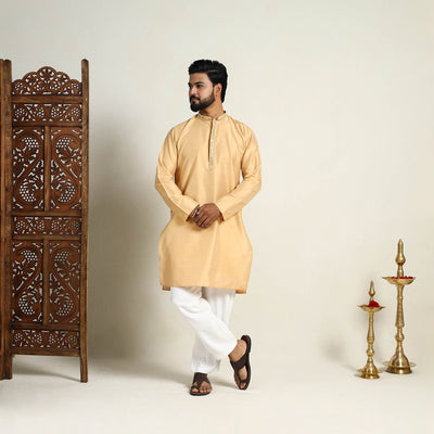 Beige - Slub Silk Kurta for Men with Detailed Neckline Work 07
