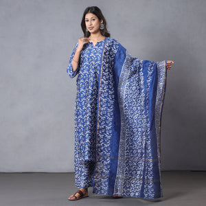 Blue - Hand Batik Printing Chanderi Silk Kurta with Palazzo & Dupatta Set