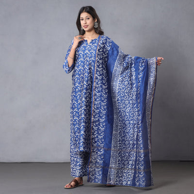 Blue - Hand Batik Printing Chanderi Silk Kurta with Palazzo & Dupatta Set