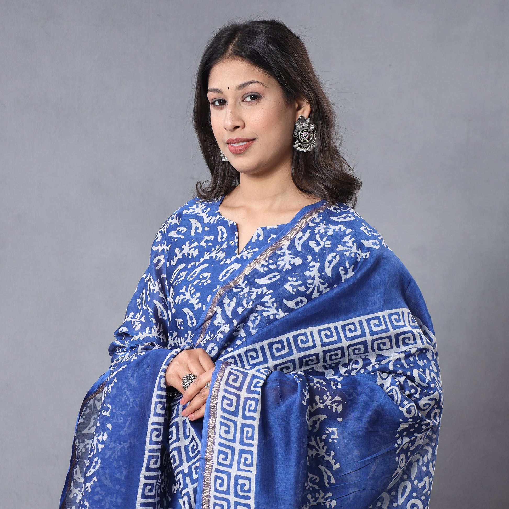 Blue - Hand Batik Printing Chanderi Silk Kurta with Palazzo & Dupatta Set