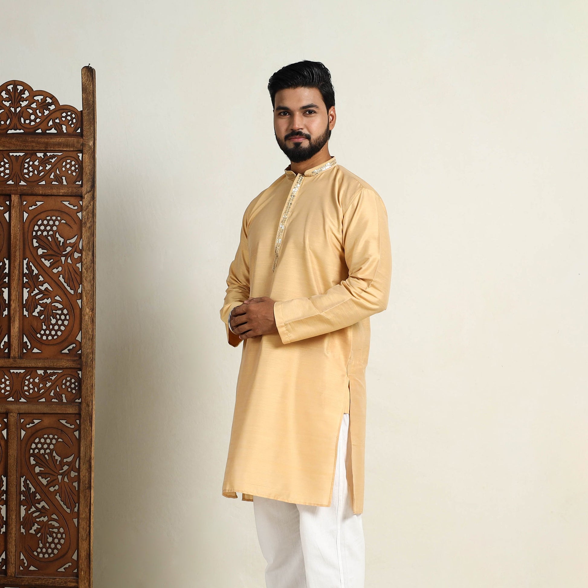 Beige - Slub Silk Kurta for Men with Detailed Neckline Work 07