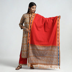 Brown - Pochampally Ikat Weave Cotton Kurta with Palazzo & Dupatta Set