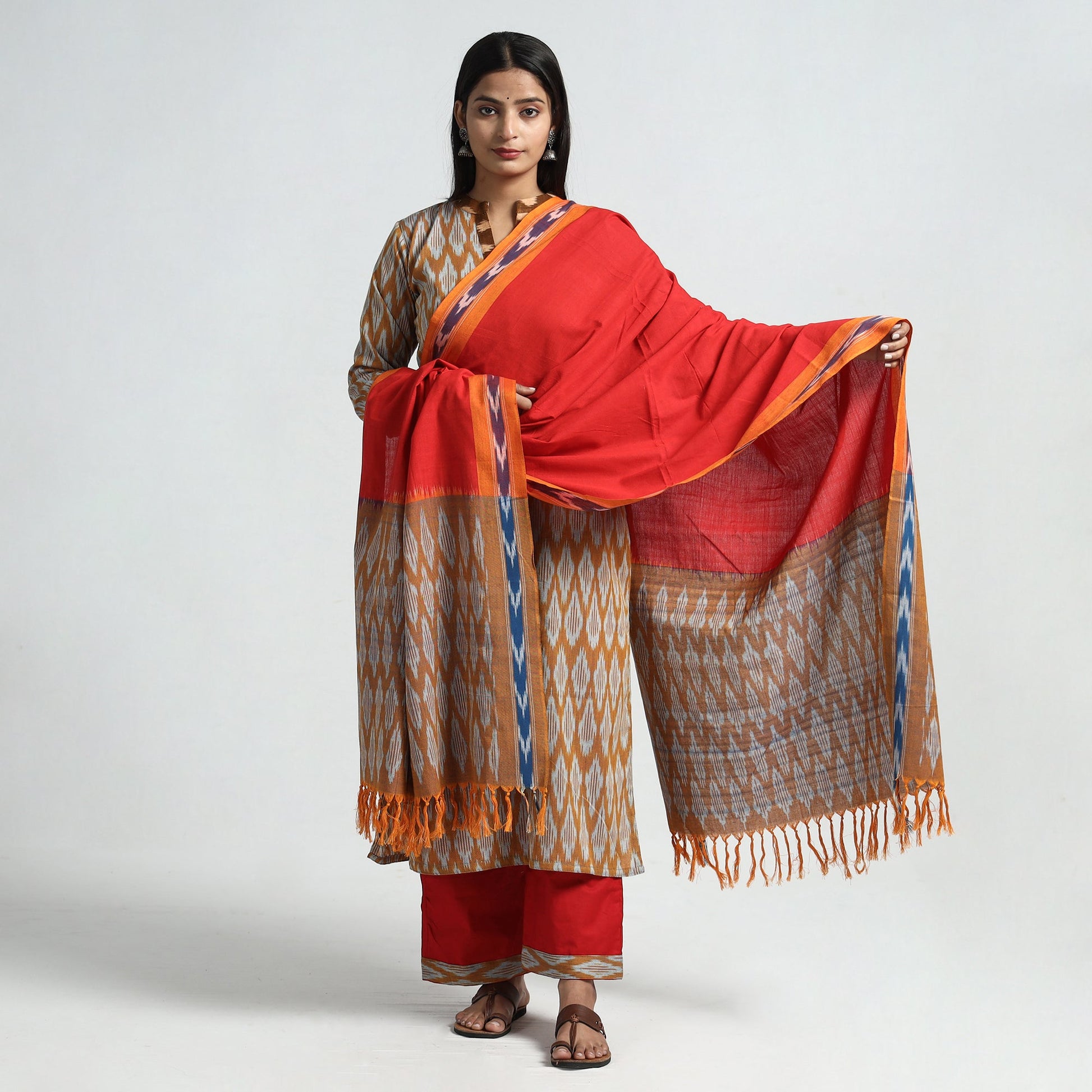 Brown - Pochampally Ikat Weave Cotton Kurta with Palazzo & Dupatta Set