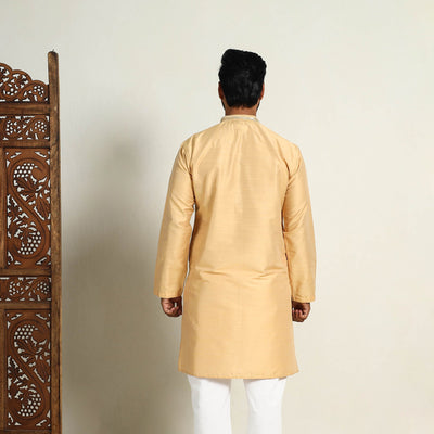 Beige - Slub Silk Kurta for Men with Detailed Neckline Work 07