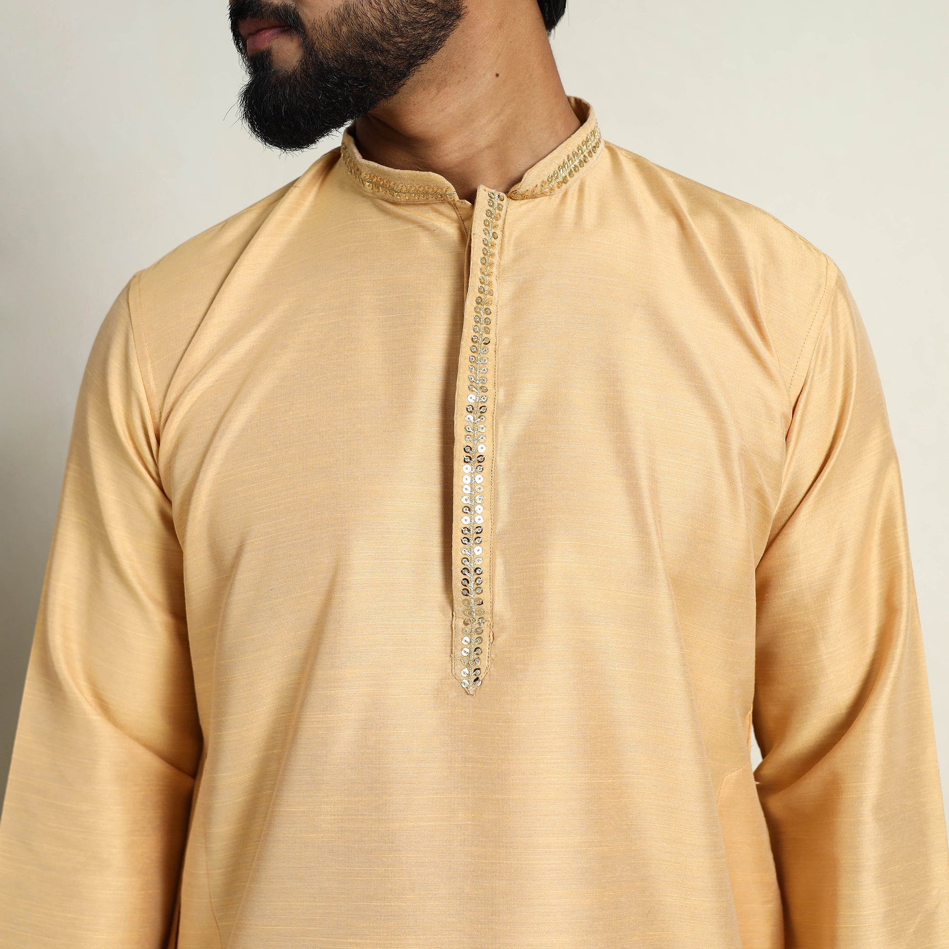 Beige - Slub Silk Kurta for Men with Detailed Neckline Work 07