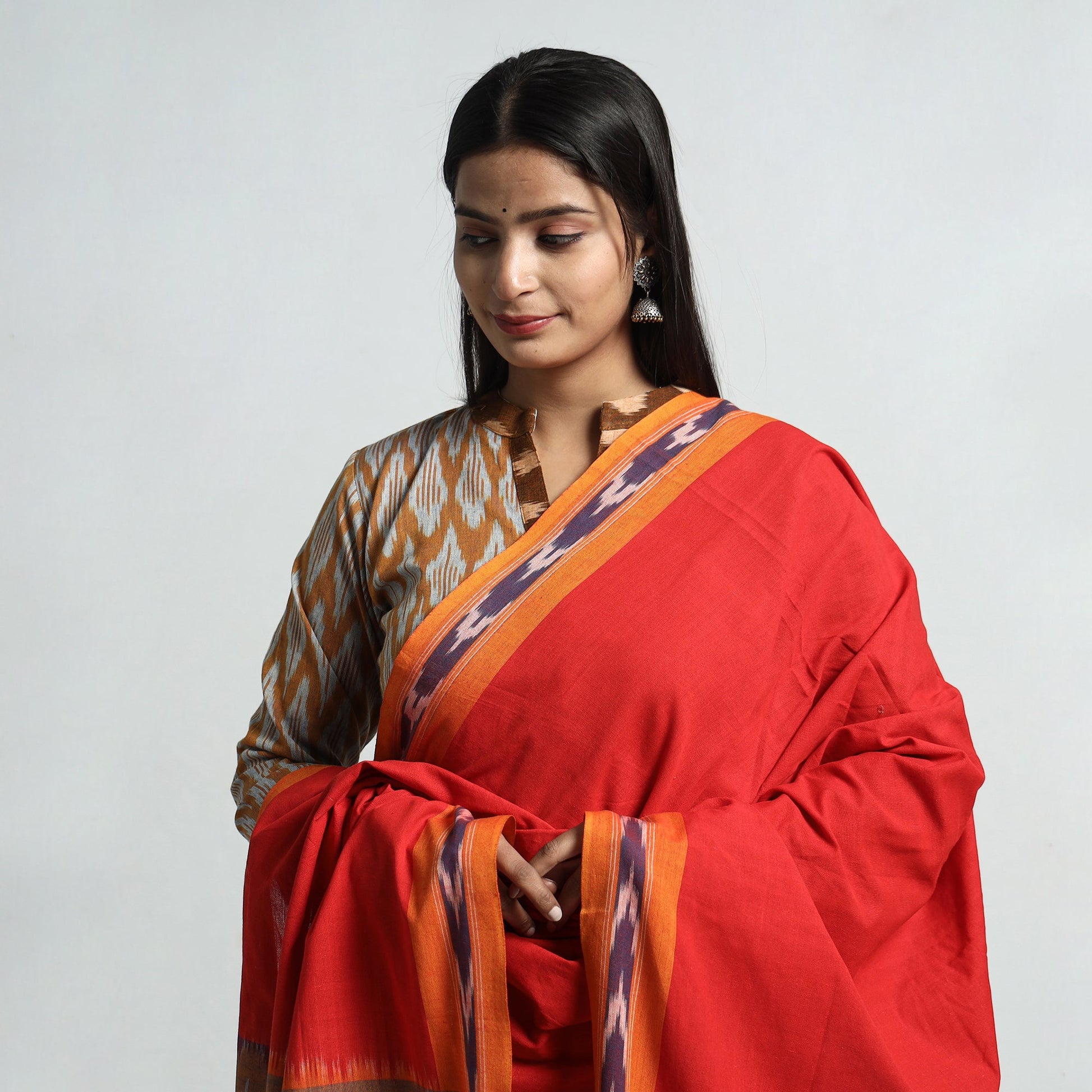 Brown - Pochampally Ikat Weave Cotton Kurta with Palazzo & Dupatta Set