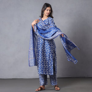 Blue - Hand Batik Printing Chanderi Silk Kurta with Palazzo & Dupatta Set