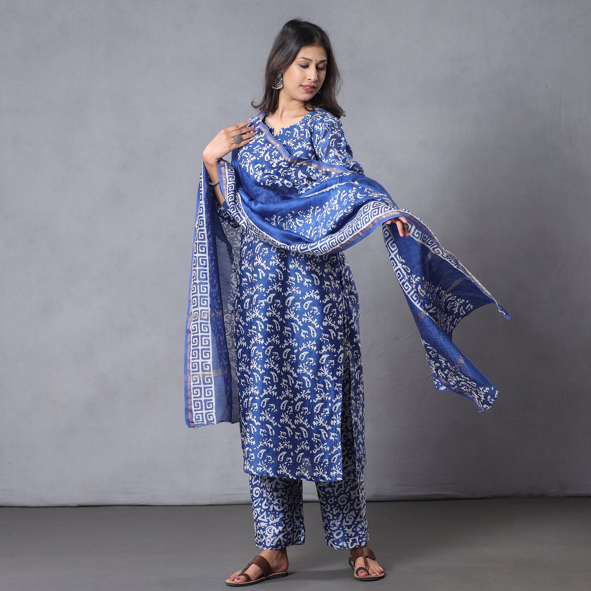 Blue - Hand Batik Printing Chanderi Silk Kurta with Palazzo & Dupatta Set