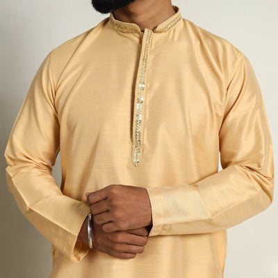Beige - Slub Silk Kurta for Men with Detailed Neckline Work 07