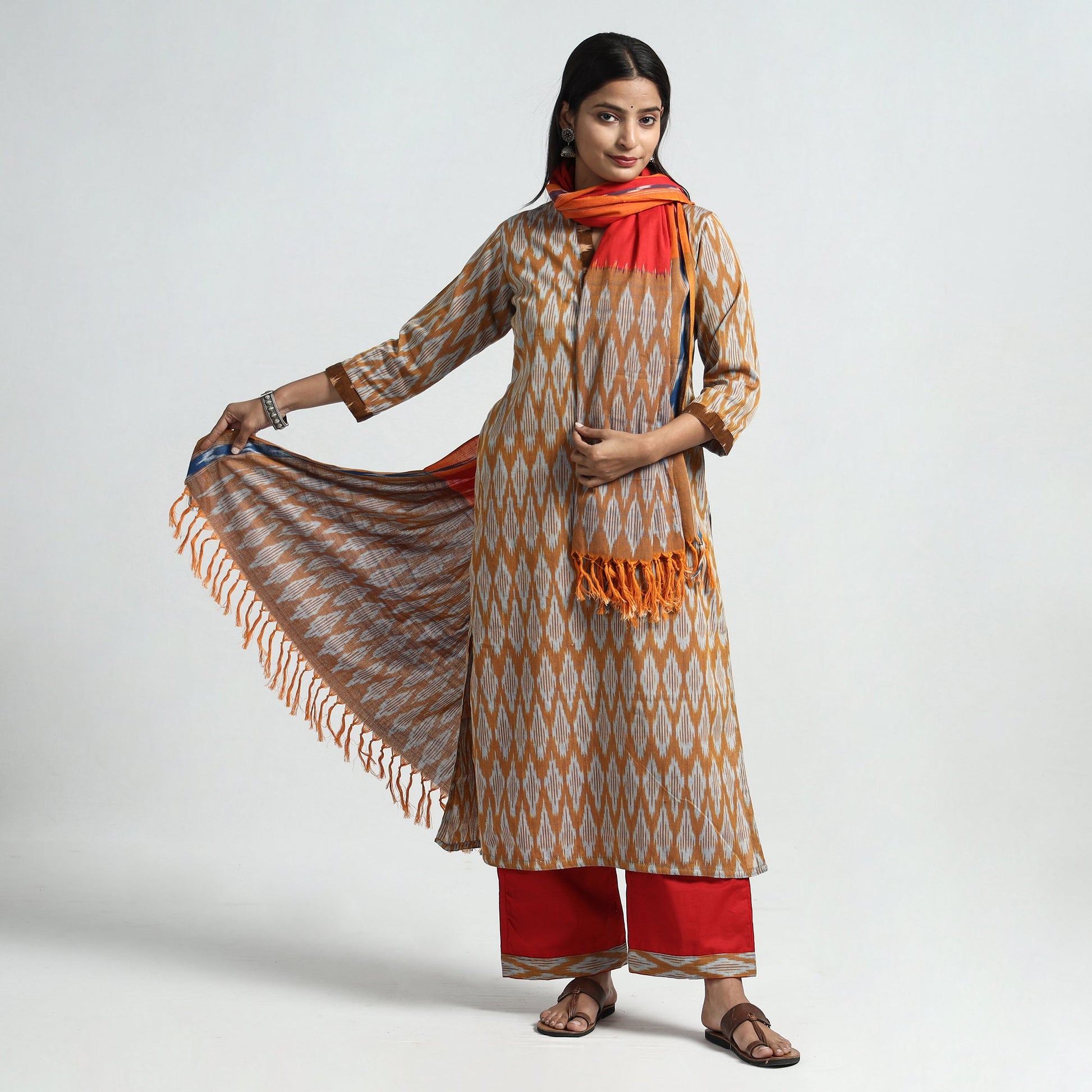 Brown - Pochampally Ikat Weave Cotton Kurta with Palazzo & Dupatta Set