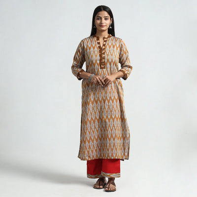 Brown - Pochampally Ikat Weave Cotton Kurta with Palazzo & Dupatta Set