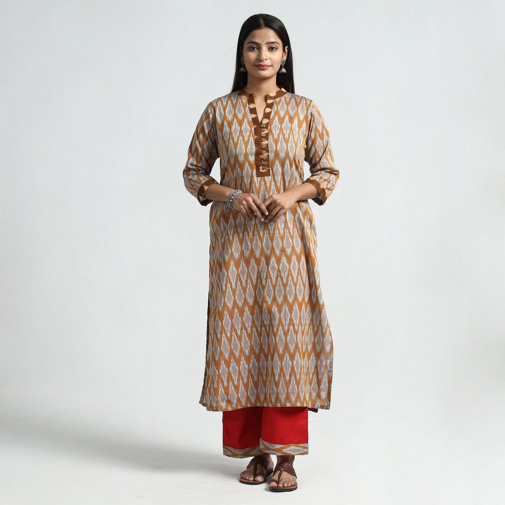 Brown - Pochampally Ikat Weave Cotton Kurta with Palazzo & Dupatta Set