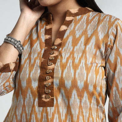 Brown - Pochampally Ikat Weave Cotton Kurta with Palazzo & Dupatta Set