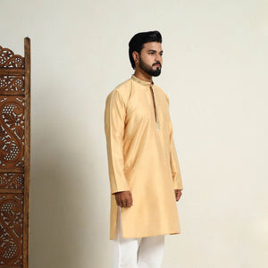 Beige - Slub Silk Kurta for Men with Detailed Neckline Work 07