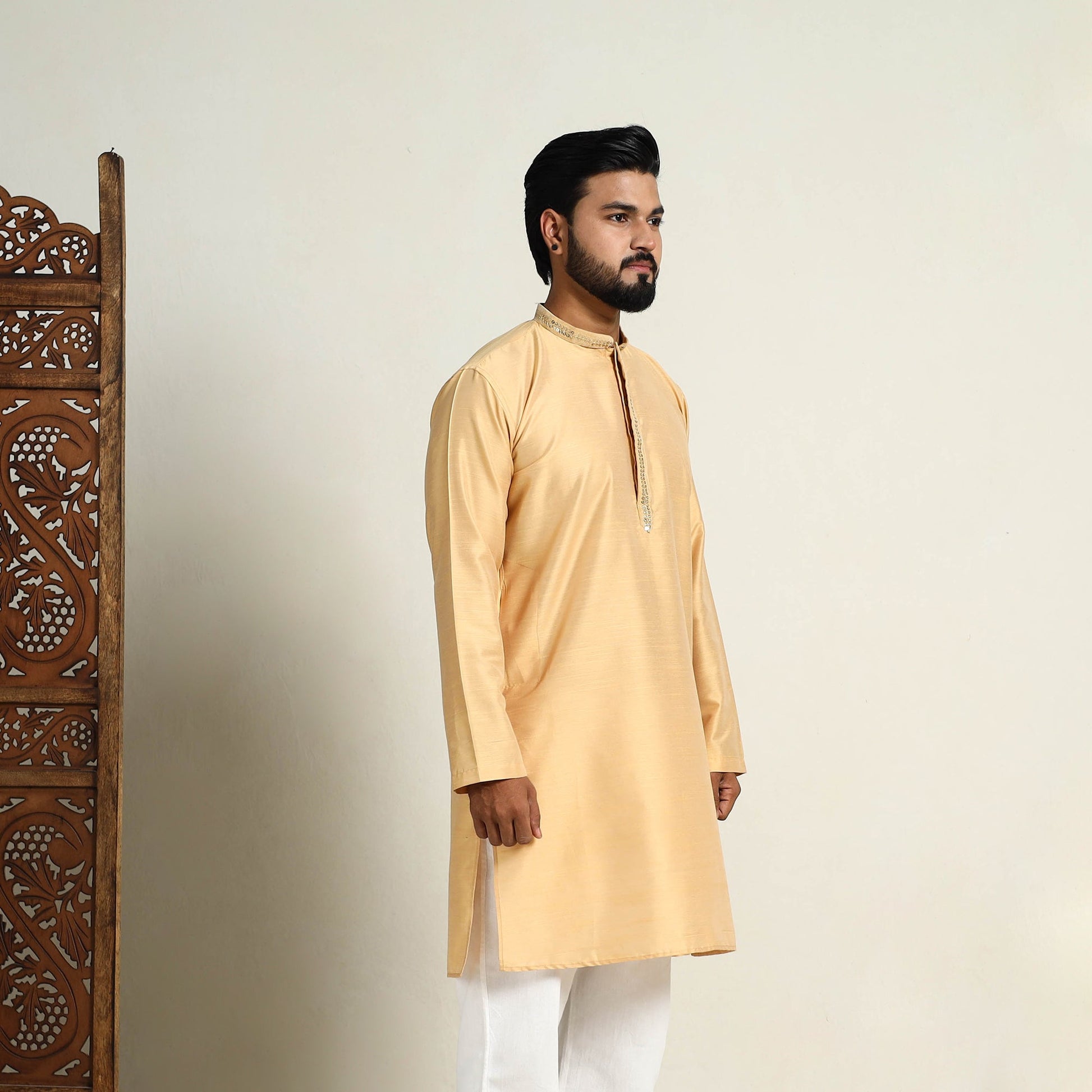 Beige - Slub Silk Kurta for Men with Detailed Neckline Work 07