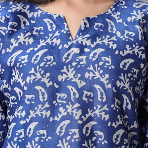 Blue - Hand Batik Printing Chanderi Silk Kurta with Palazzo & Dupatta Set