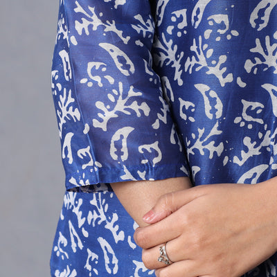 Blue - Hand Batik Printing Chanderi Silk Kurta with Palazzo & Dupatta Set
