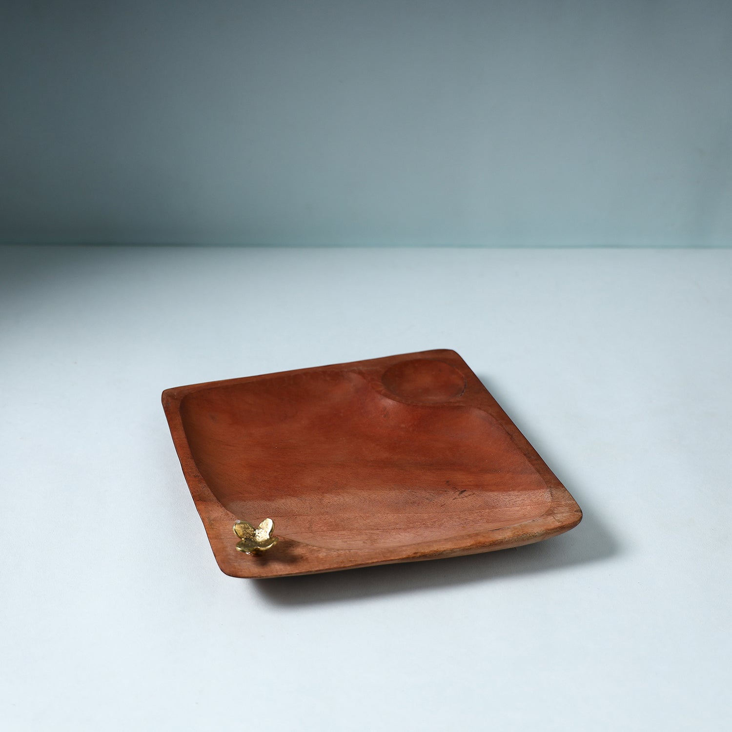 Brown - Hand Carved Dokra Natural Mahogany Wooden Square Tray (8 x 8 in)