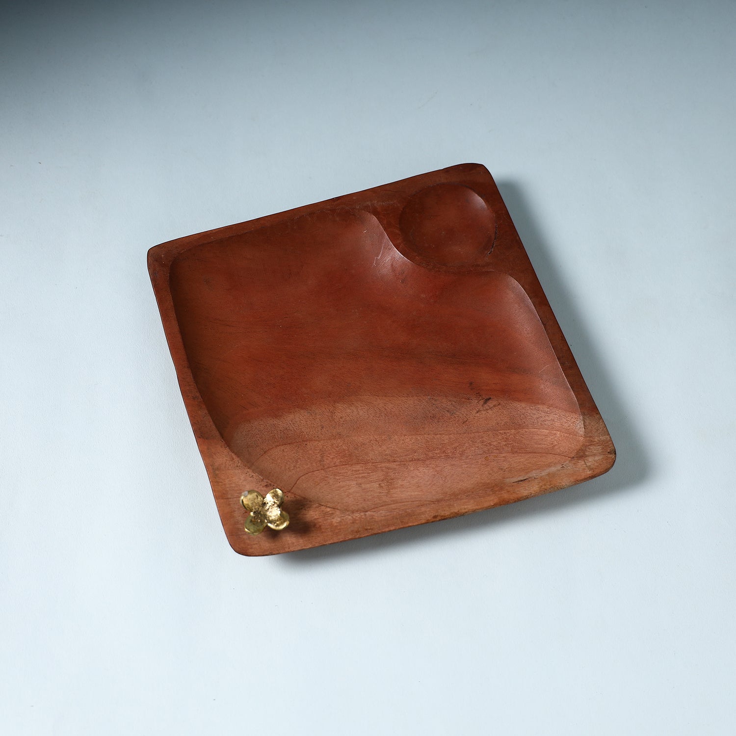 Brown - Hand Carved Dokra Natural Mahogany Wooden Square Tray (8 x 8 in)