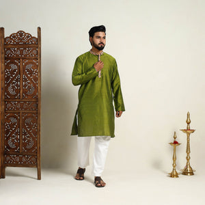 Avacado Green - Slub Silk Kurta for Men with Detailed Neckline Work 11