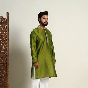 Avacado Green - Slub Silk Kurta for Men with Detailed Neckline Work 11