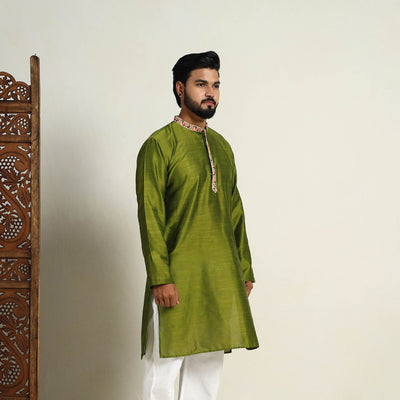 Avacado Green - Slub Silk Kurta for Men with Detailed Neckline Work 11