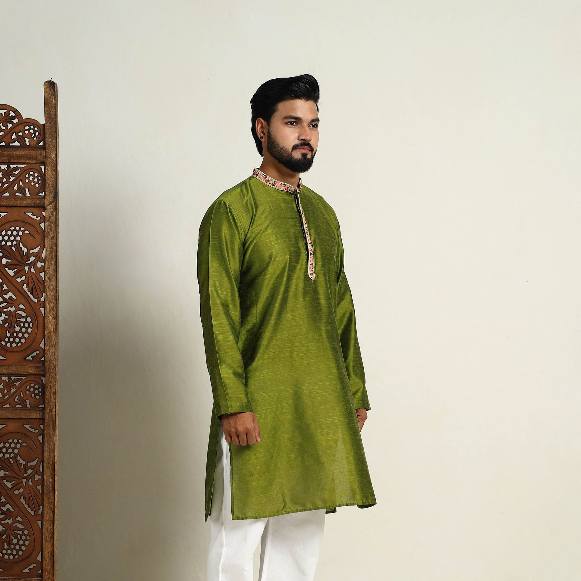 Avacado Green - Slub Silk Kurta for Men with Detailed Neckline Work 11