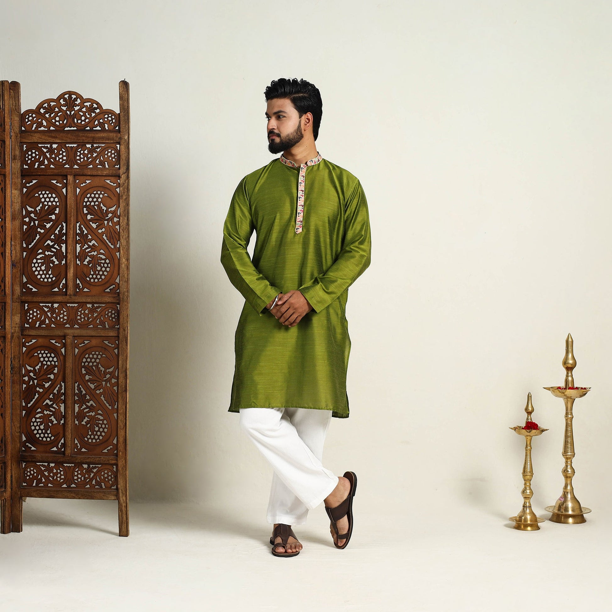Avacado Green - Slub Silk Kurta for Men with Detailed Neckline Work 11