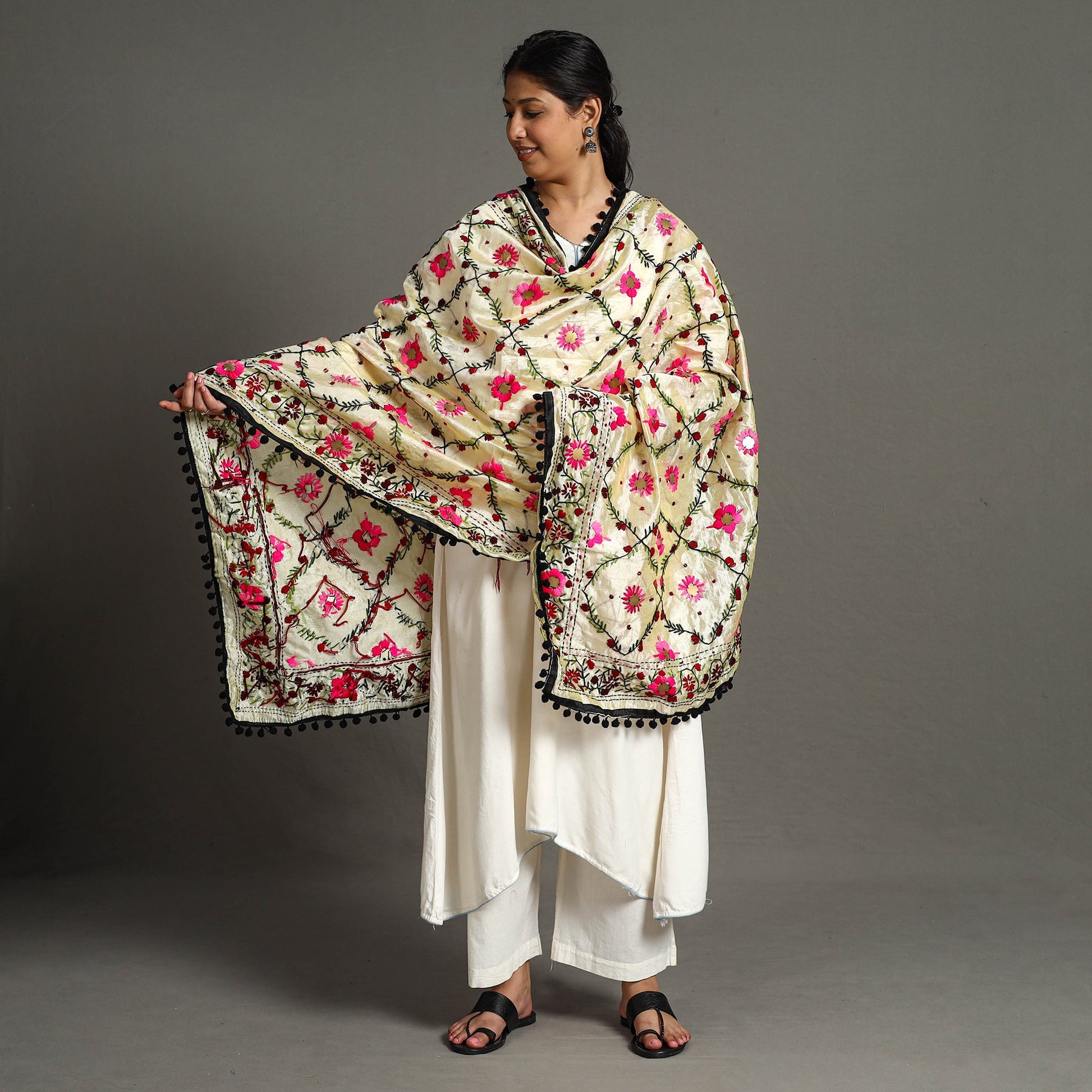 Black - Ranihati Chanderi Silk Chapa Work Phulkari Embroidered Dupatta with Pom Pom 61