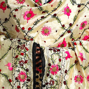 Black - Ranihati Chanderi Silk Chapa Work Phulkari Embroidered Dupatta with Pom Pom 61