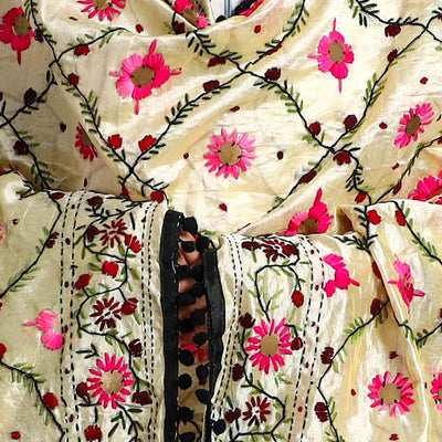 Black - Ranihati Chanderi Silk Chapa Work Phulkari Embroidered Dupatta with Pom Pom 61