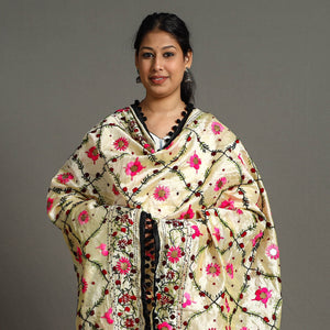 Black - Ranihati Chanderi Silk Chapa Work Phulkari Embroidered Dupatta with Pom Pom 61