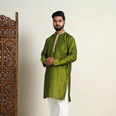 Avacado Green - Slub Silk Kurta for Men with Detailed Neckline Work 11